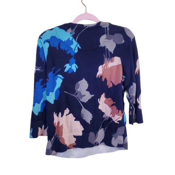 Lands' End Deep Sea Multi Floral Supima Cotton 3/4 Sleeve Sweater Size LP - Picture 2 of 7